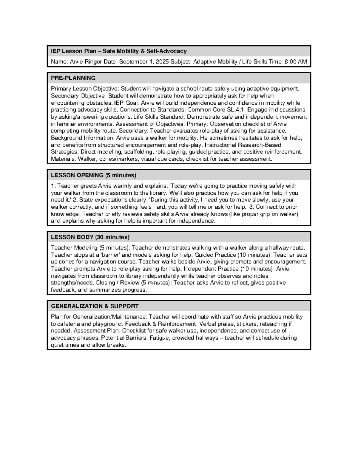 IEP Lesson Plan: Safe Mobility Skills for Arvie (Adaptive Mobility ...