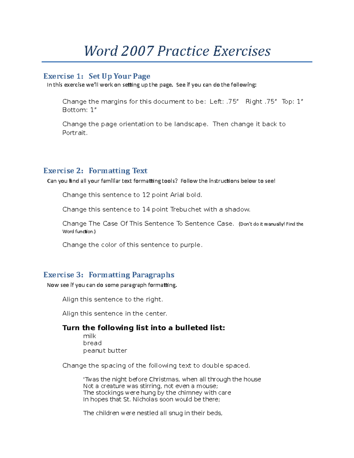 Word 2007: Practical Exercises for Page Setup & Text Formatting - Studocu
