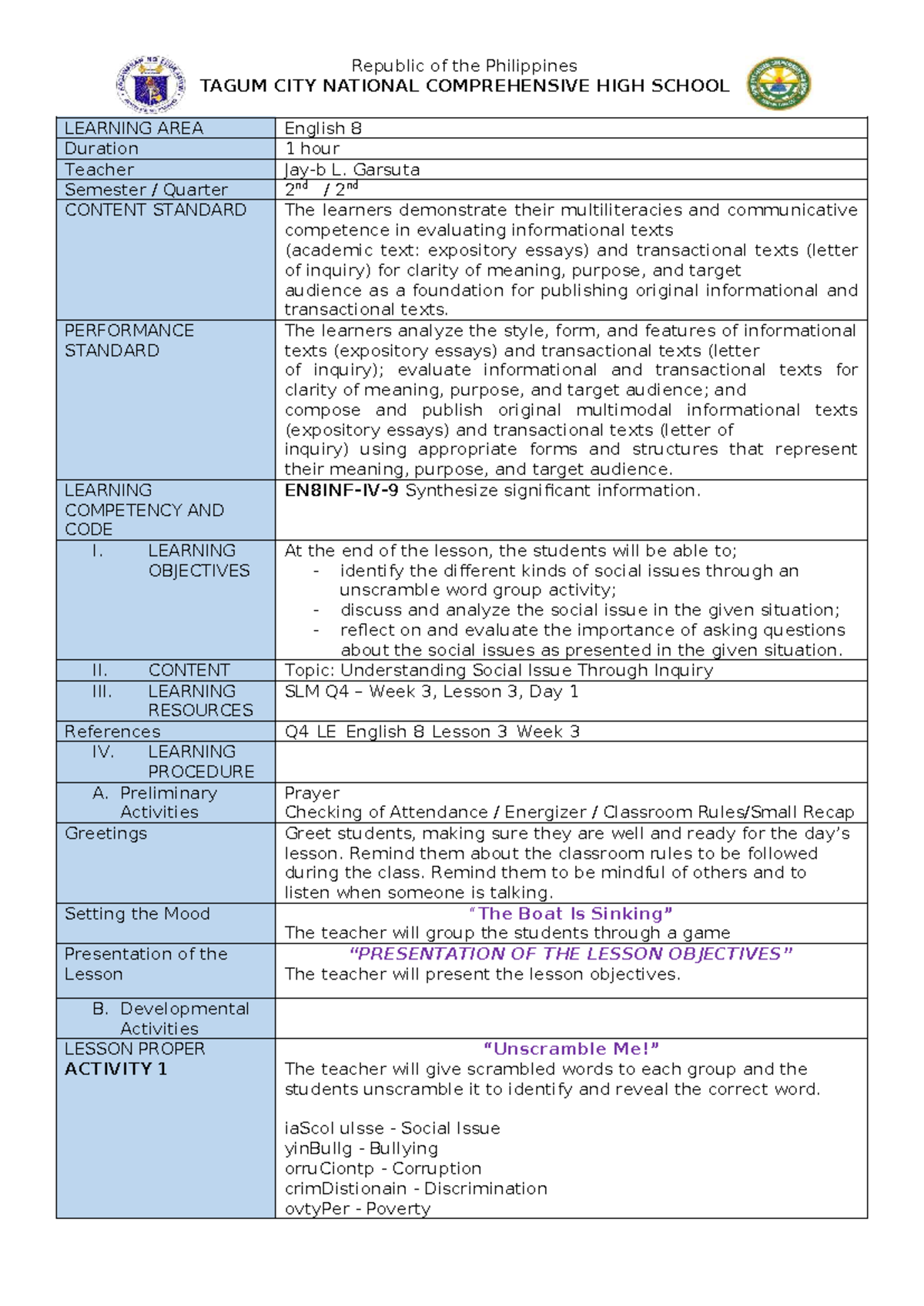 Lesson Plan for Teaching Demo: Understanding Social Issues in English 8 ...