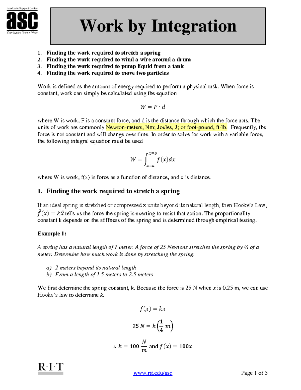 Work by Integration: Calculating Energy for Spring, Wire, and Liquid ...