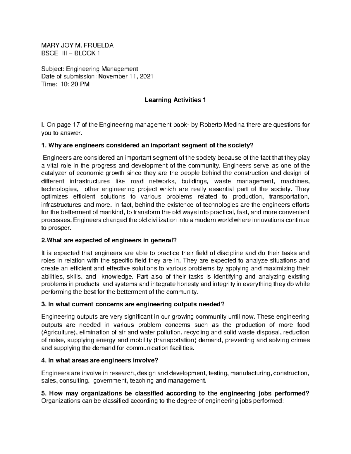 Learning Activity 1: Engineering Management Insights (BSCE Block 1 ...