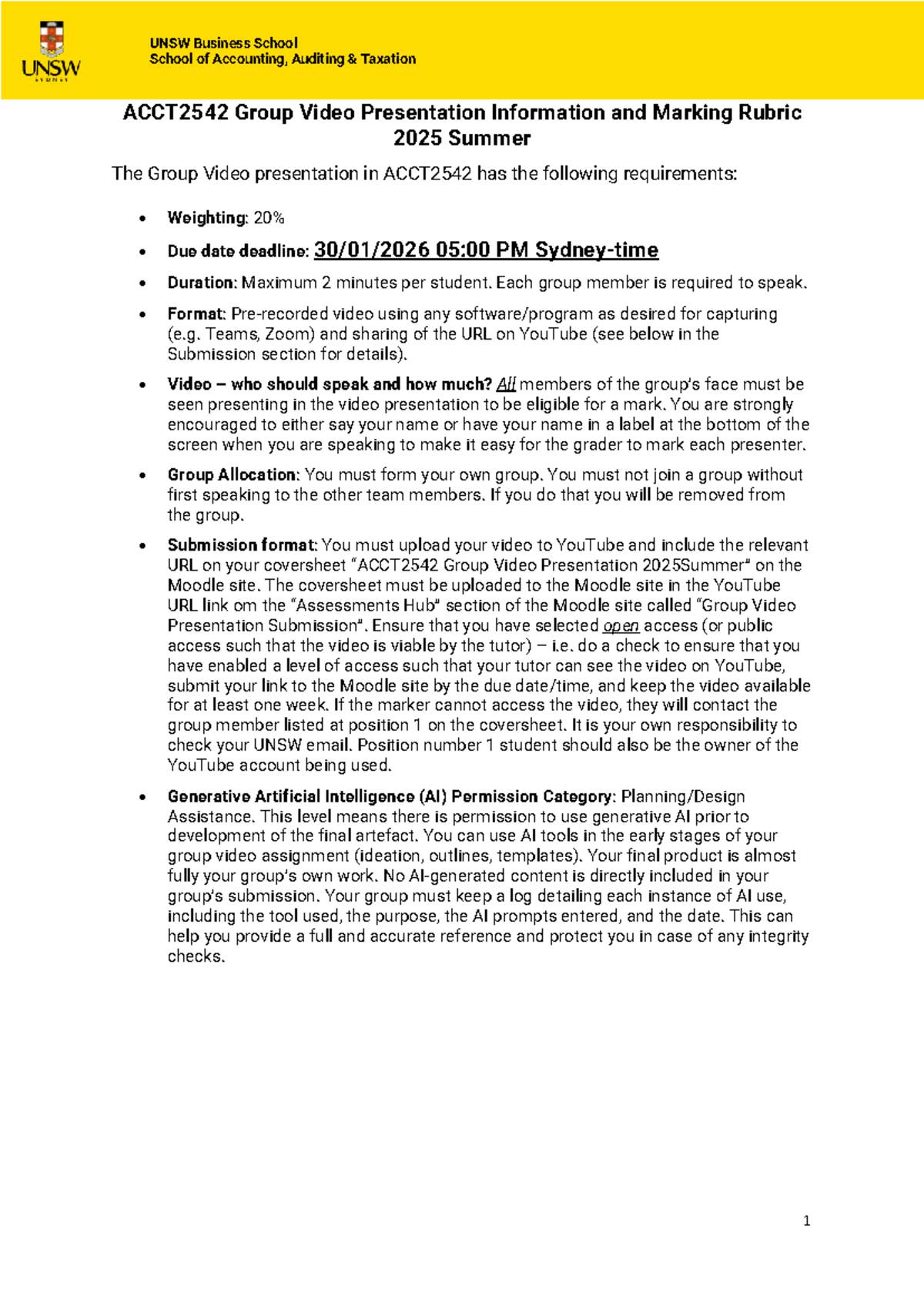 ACCT2542 Group Video Presentation Guidelines & Marking Rubric 2025 ...