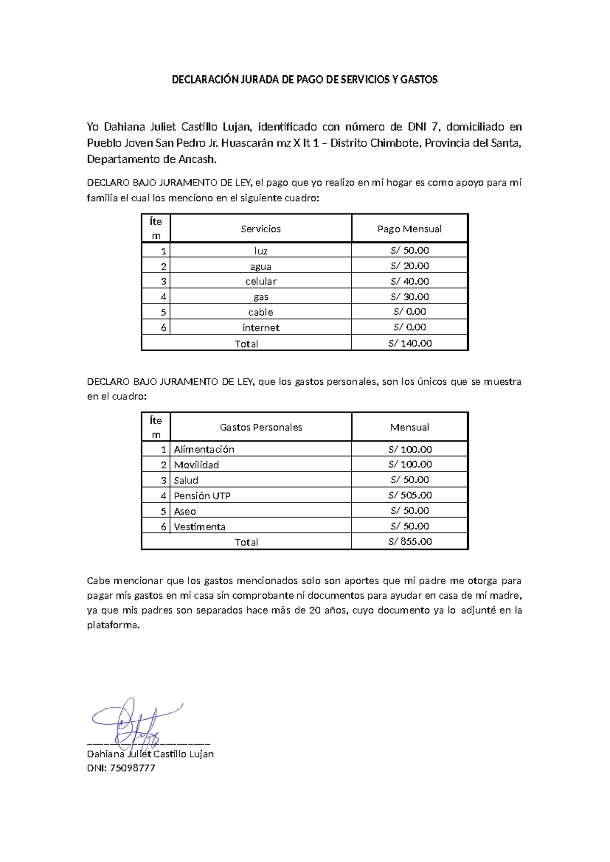 Declaración Jurada DE PAGO DE Servicios - DECLARACIÓN JURADA DE PAGO DE ...
