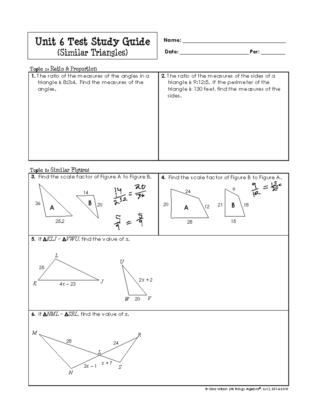 Unit 6 Test Study Guide: Similar Triangles and Proportions - Studocu