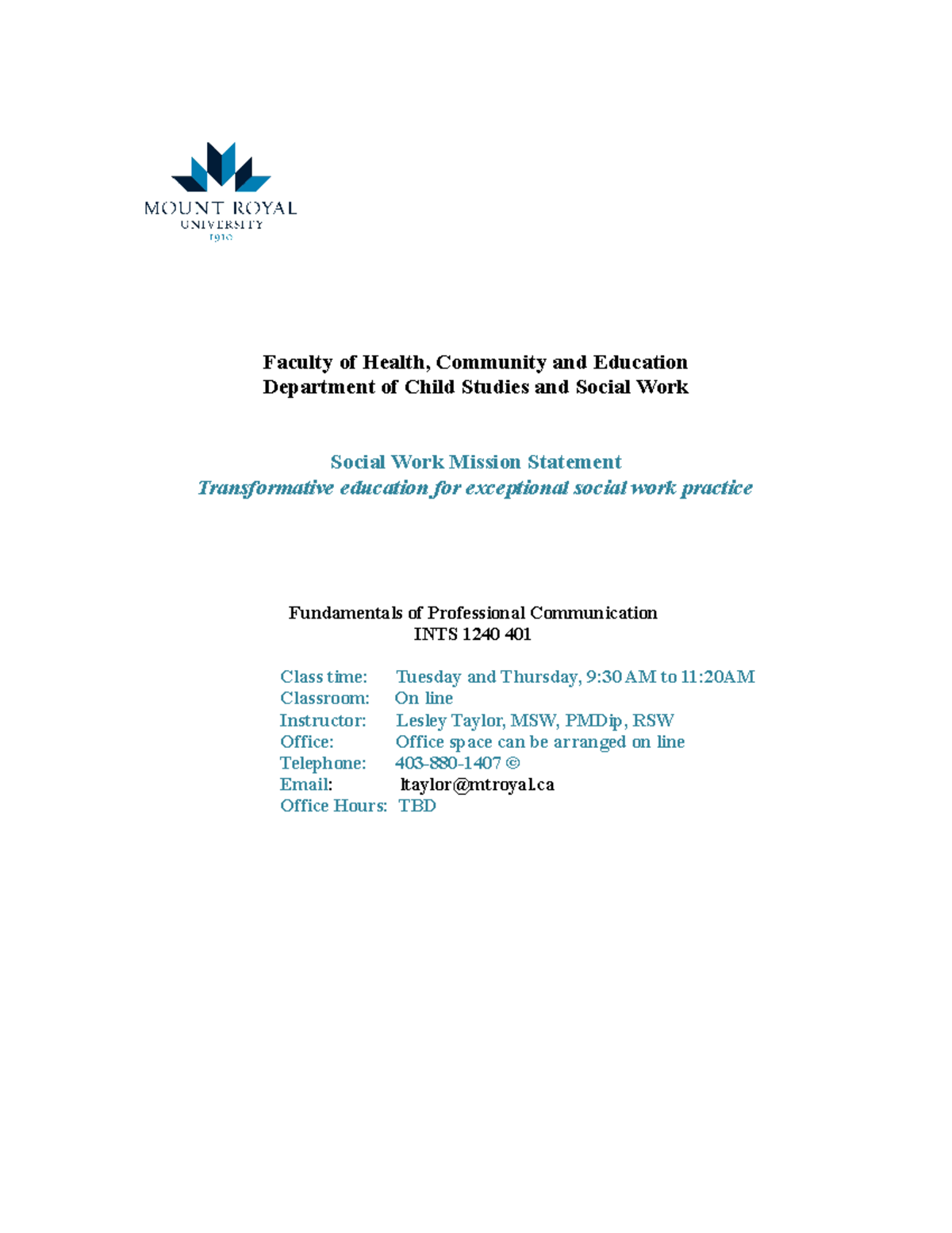 INTS 1240 Spring 2022 Tutorial Course Outline and Evaluation Details ...
