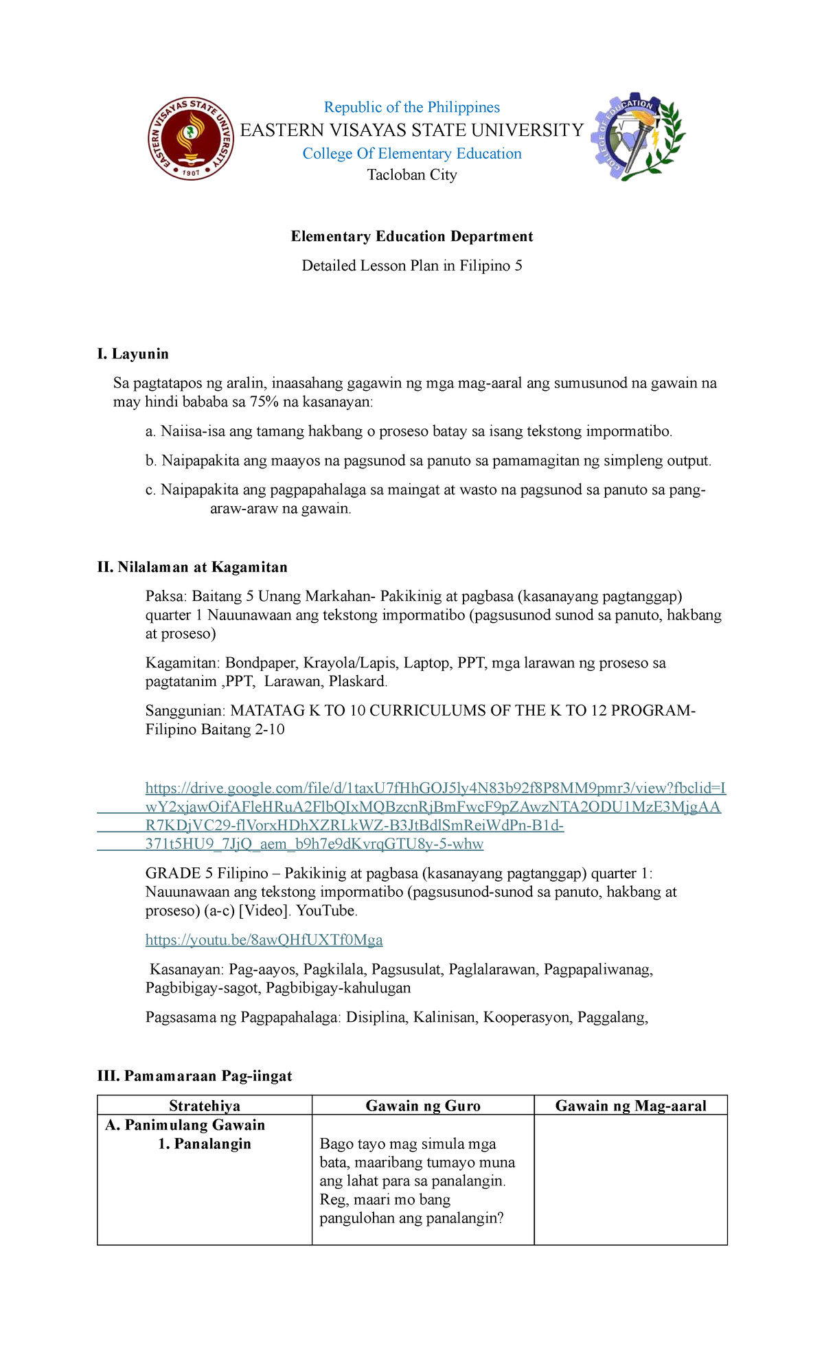 Detailed Lesson Plan in Filipino 5: Pagsusunod sa Panuto at Proseso ...