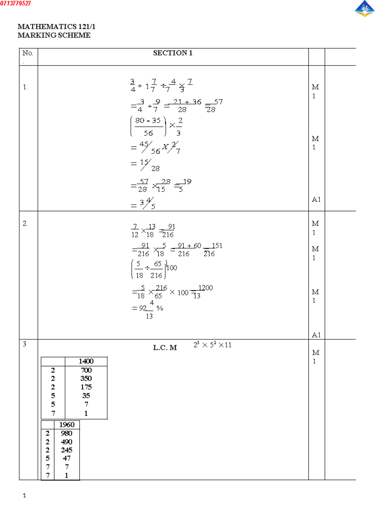 0713779527 MATHEMATICS PP1 MARKING SCHEME - High School Exam - Studocu