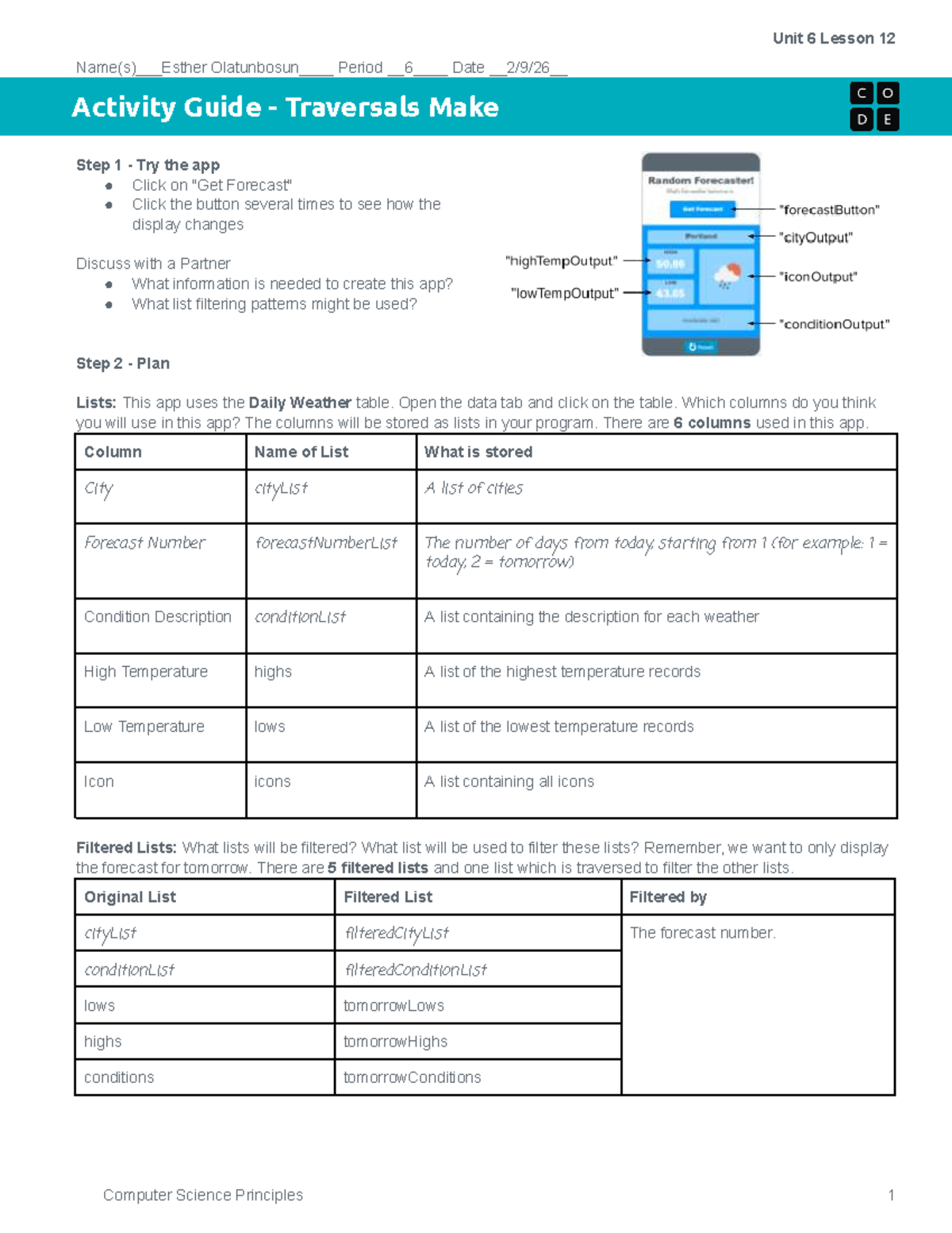 Computer Science 1 & 4 Unit 6 Lesson 12 Activity Guide: Traversals ...