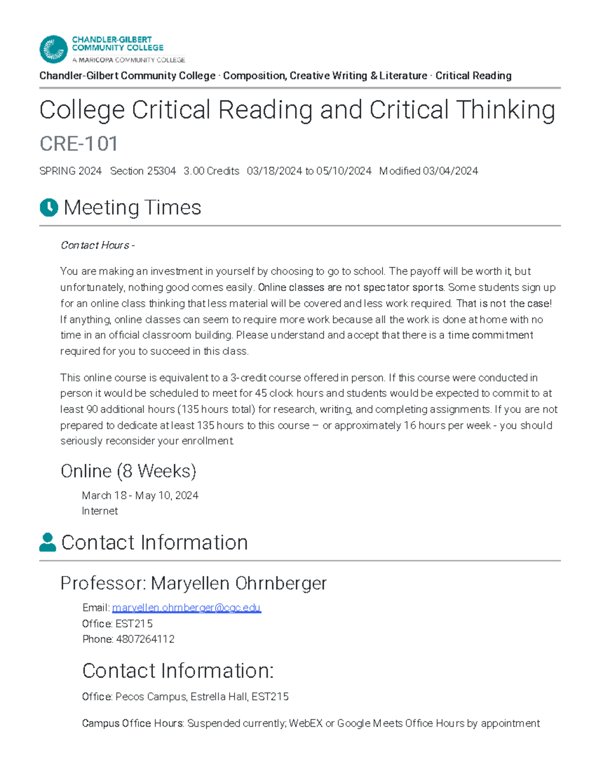 College Critical Reading & Thinking Syllabus - CRE 101 Spring 2024 ...