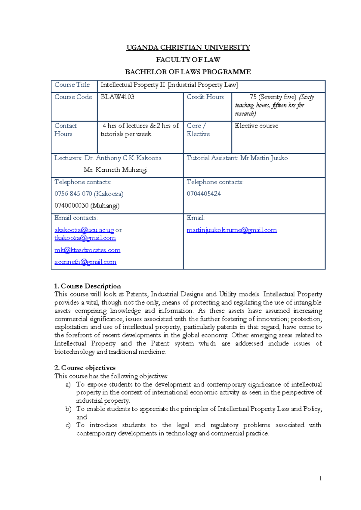 BLAW4103: Industrial Property Law Course Outline - Jan 2024 - Studocu