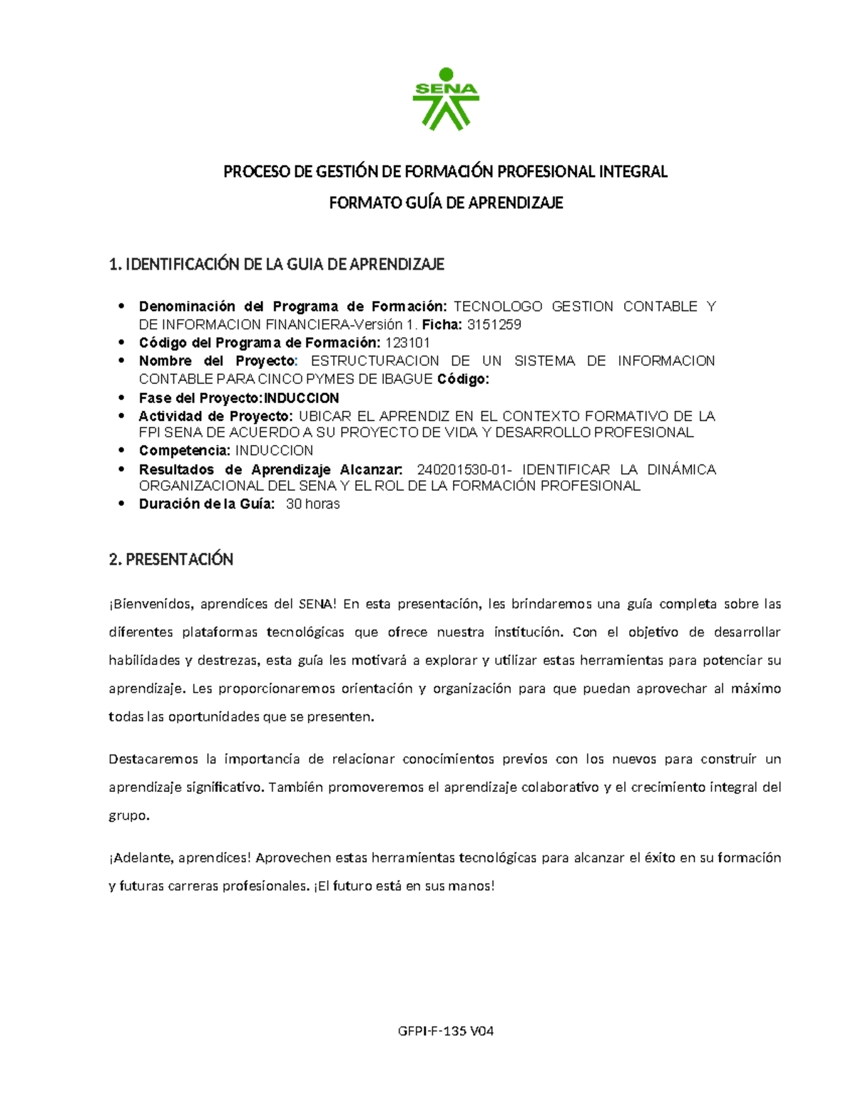 GFPI-F-135 Guía de Aprendizaje Inducción 2025 - SENA Formación Profesional - Document Preview