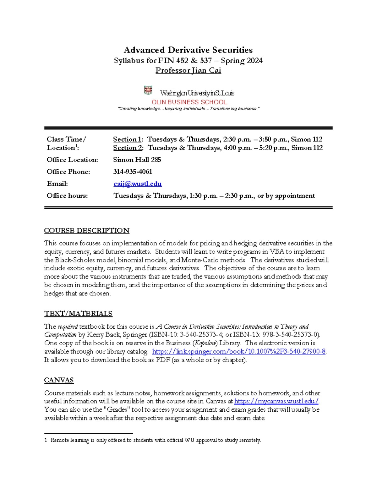 FIN 452 & 537 - Advanced Derivative Securities Syllabus - Spring 2024 ...