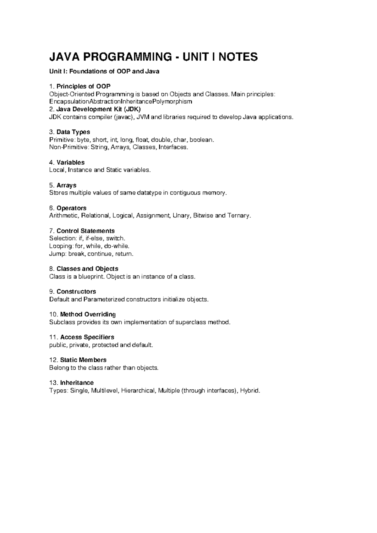 JAVA 101: Unit I OOP Foundations & Java Basics Notes - Studocu