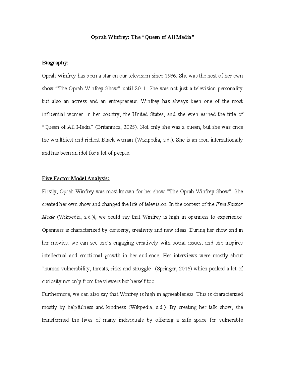 Psychobiography of Oprah Winfrey: An Analysis of Influence and Traits ...