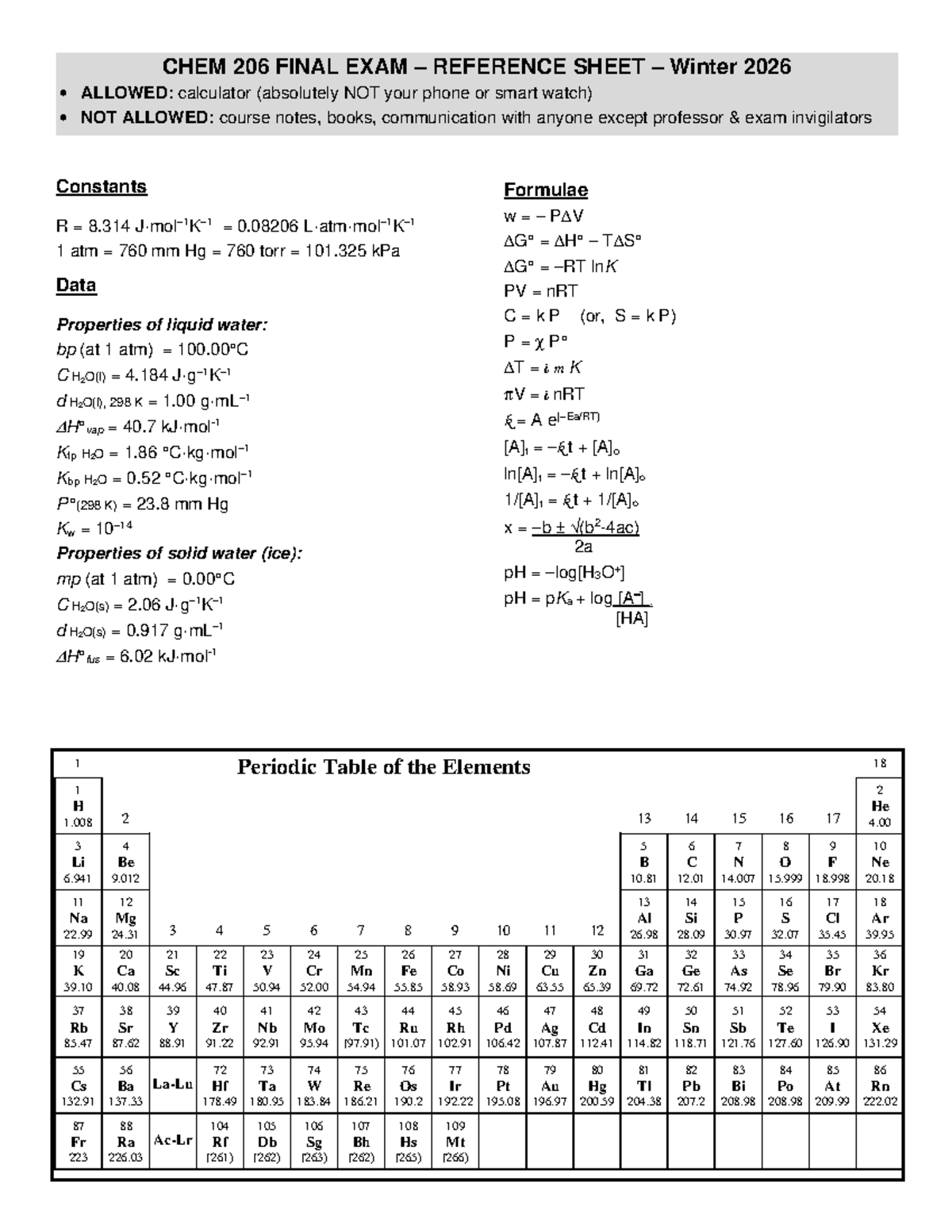 CHEM 206 Winter 2026 Final Exam Reference Sheet - Studocu