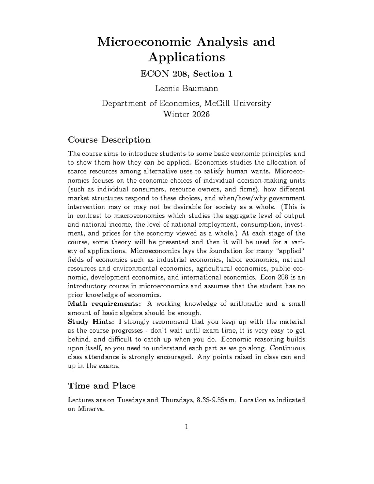 Microeconomic Analysis Syllabus ECON 208, Winter 2026 - Studocu