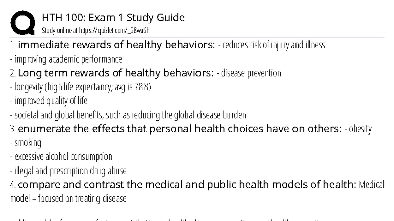HTH 100: Comprehensive Exam 1 Study Guide on Health Concepts - Studocu