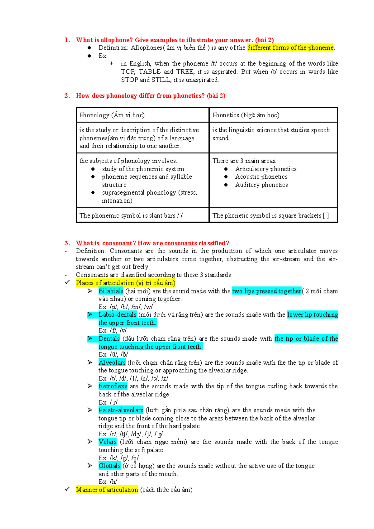 Vowel and Consonant Classification - Linguistics 101 Notes - Studocu