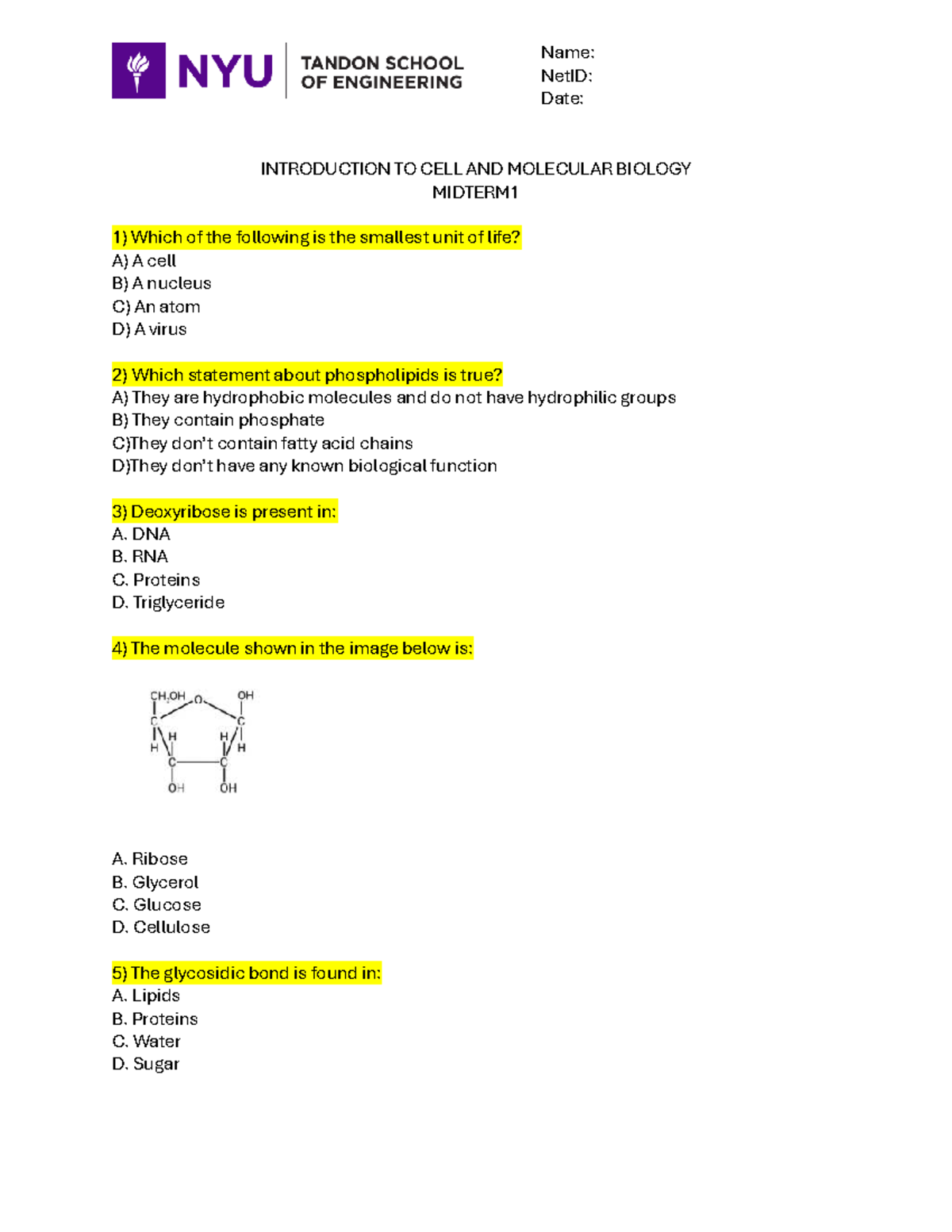 Fall 2023 BIO 101: Introduction to Cell and Molecular Biology Midterm 1 ...