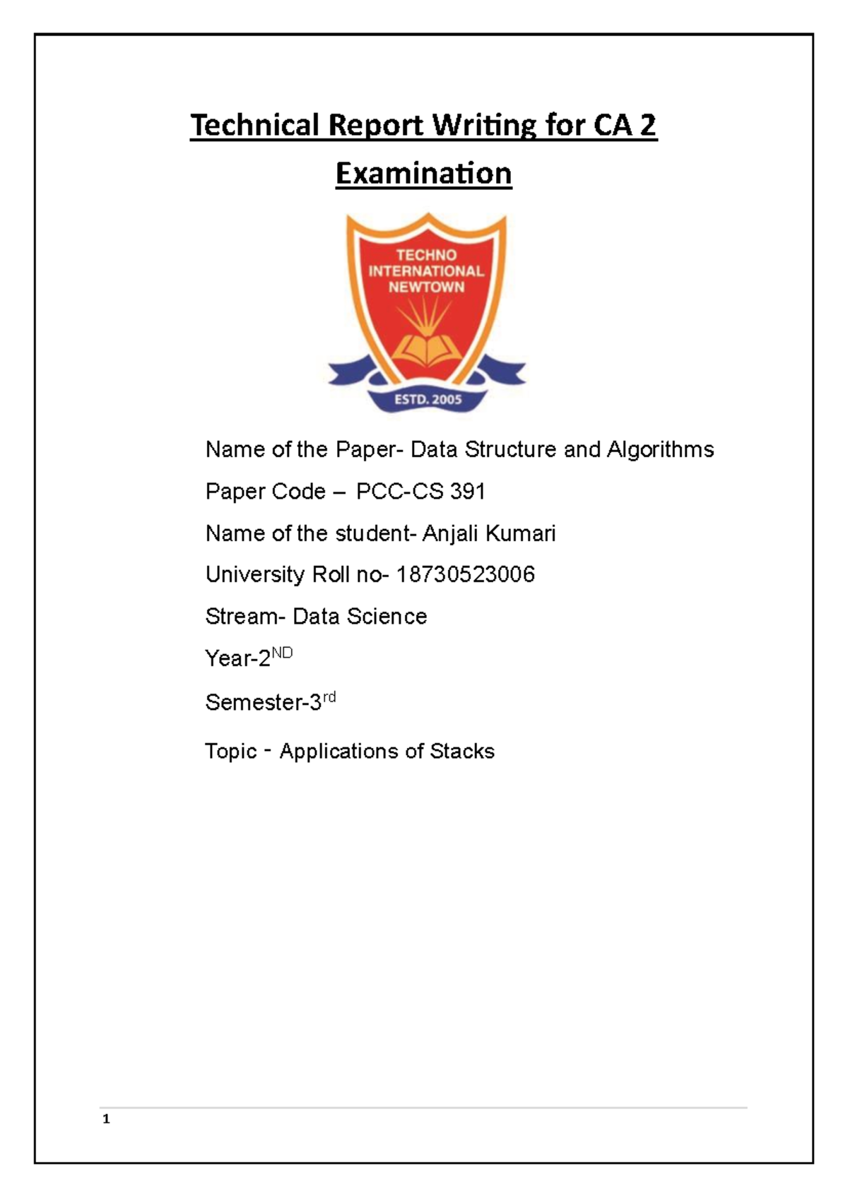 Anjalidsa - dsa - Technical Report Writing for CA 2 Examination Name of ...