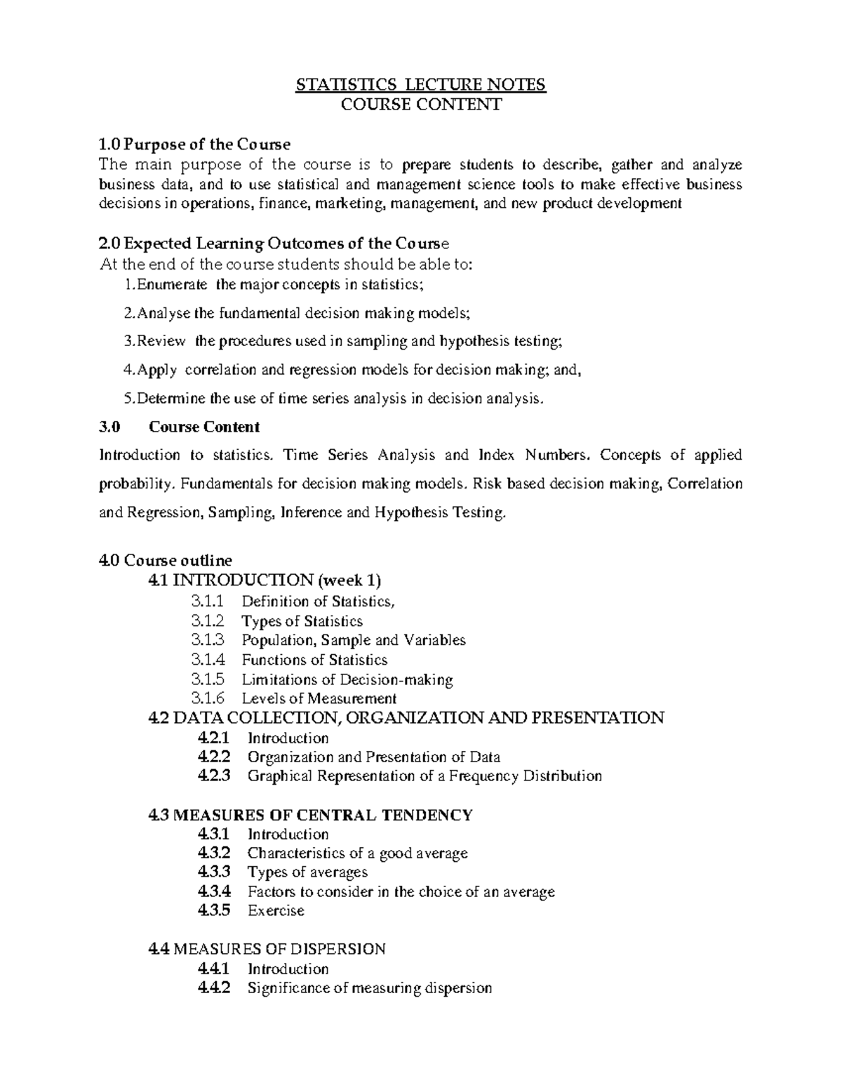 STATISTICS LECTURE NOTES: COURSE CONTENT & LEARNING OUTCOMES - Studocu