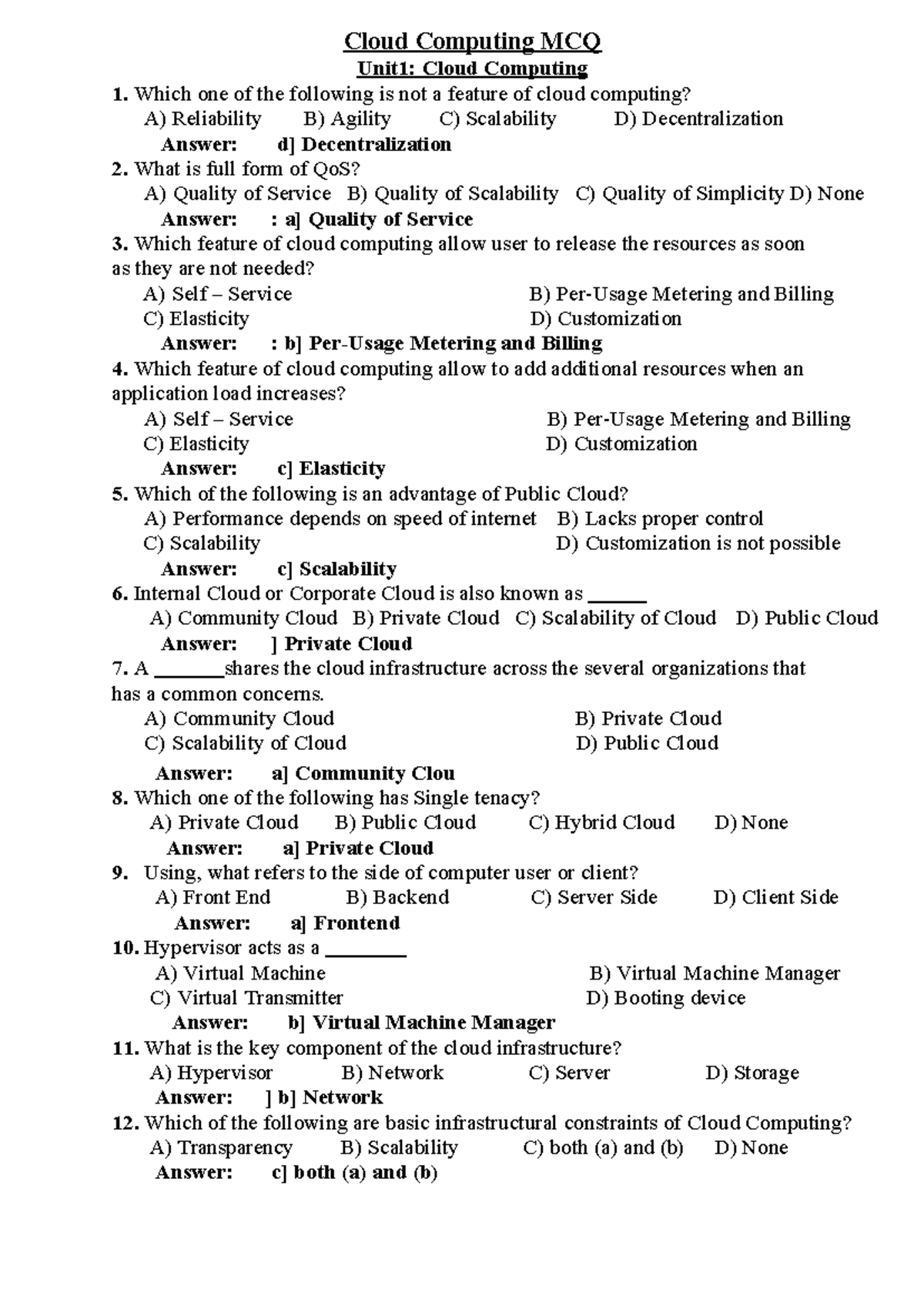 Cloud Computing ALL UNIT MCQ (CC101) - Studocu