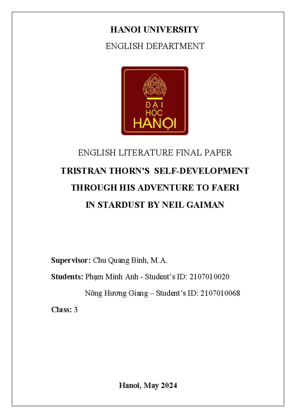 Hanu 3 English literature final paper: Tristran's journey in Stardust ...