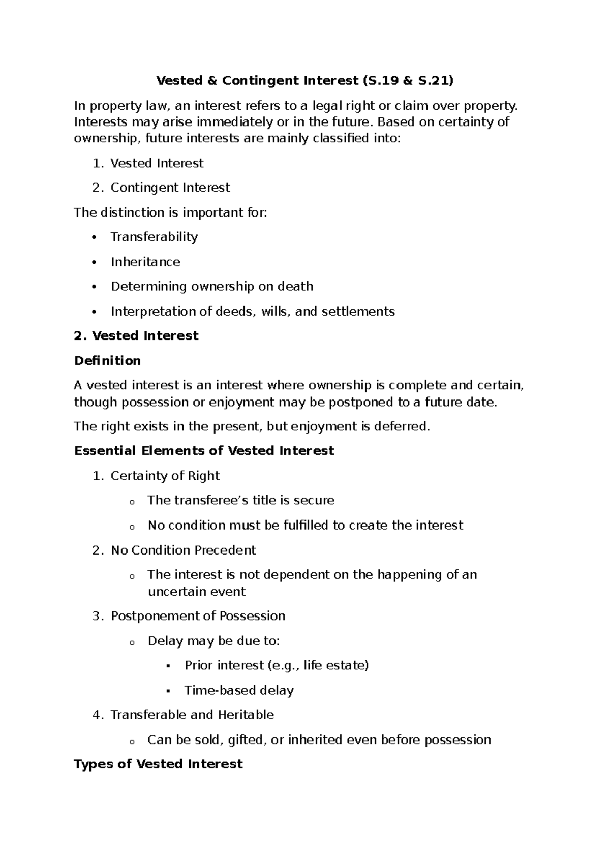 S.19 & 21: Vested vs. Contingent Interest in Property Law - Studocu