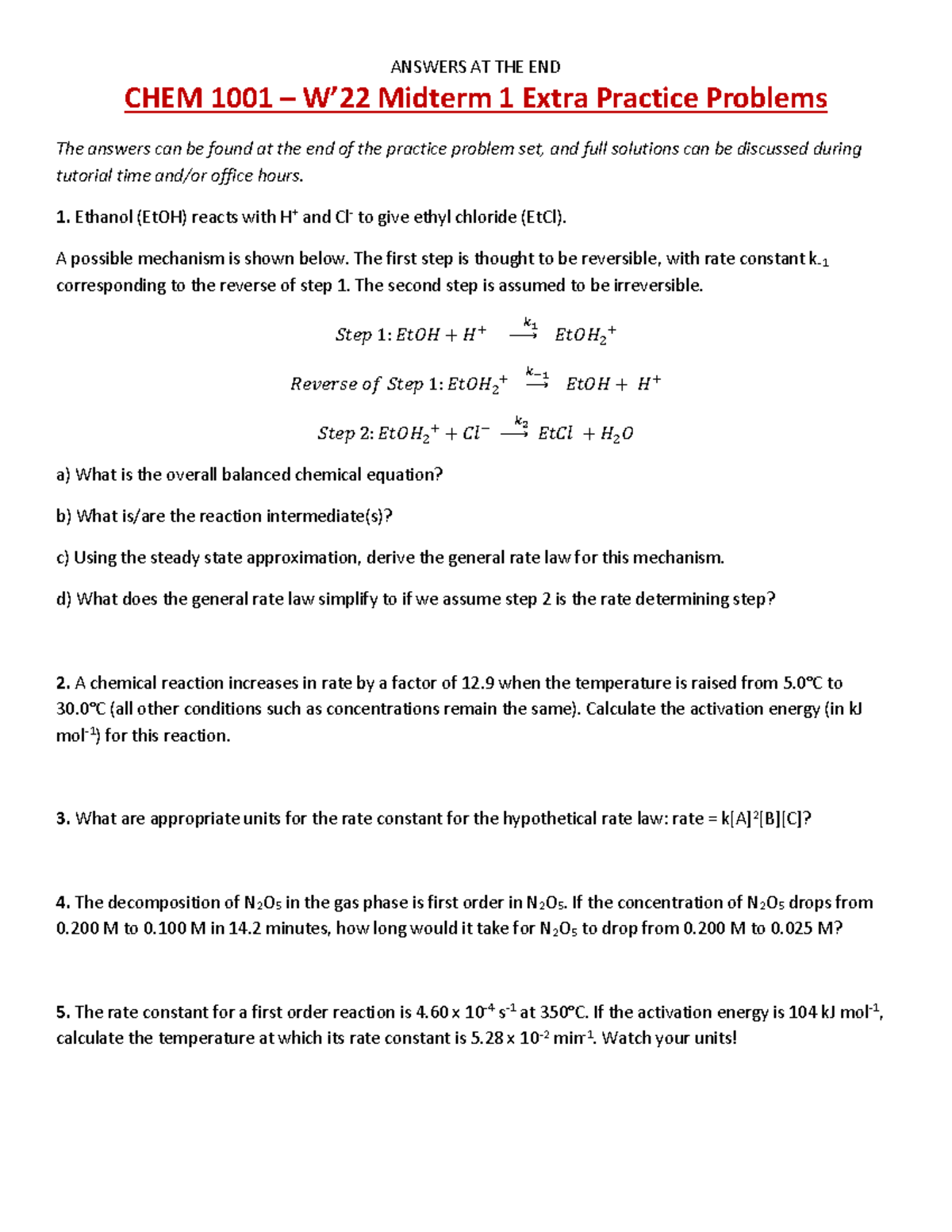 Midterm 1 - Extra practice problems - CHY 113 - Toronto Met - Studocu