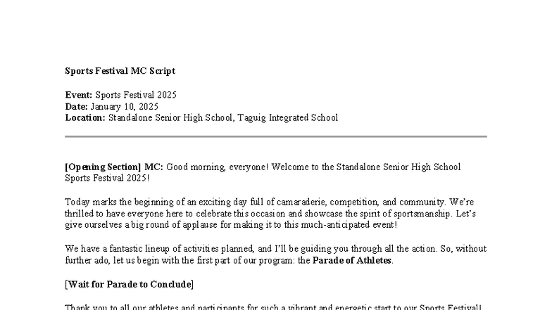Sports Festival MC Script - Sports Festival MC Script Event: Sports ...