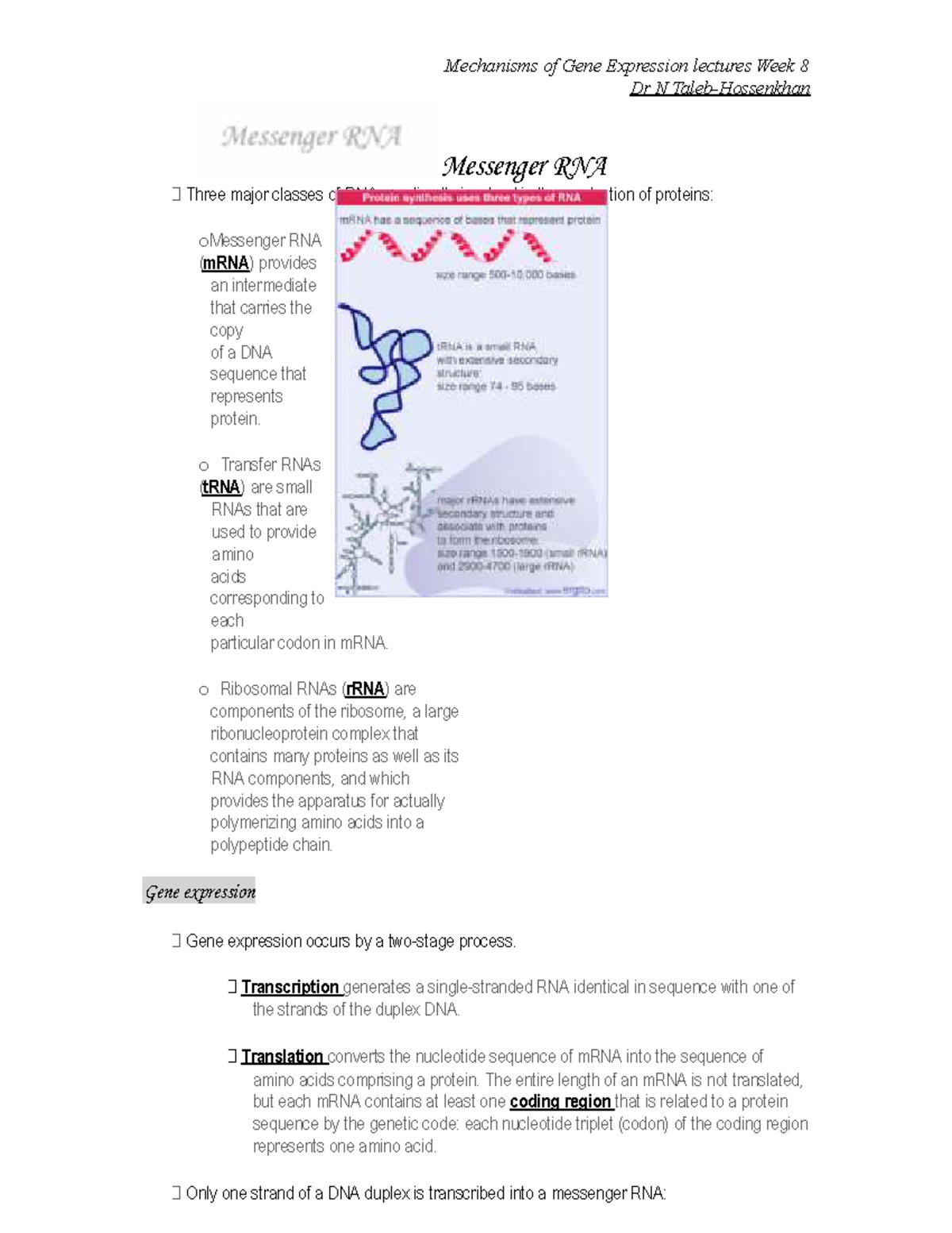 Mechanisms of Gene Expression - Lecture Notes Week 8 (Course Code ...