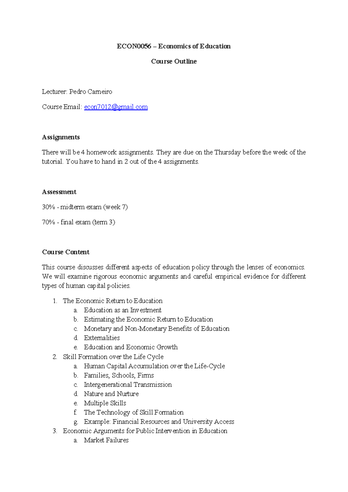 ECON0056 Course Outline: Economics of Education Overview - Studocu