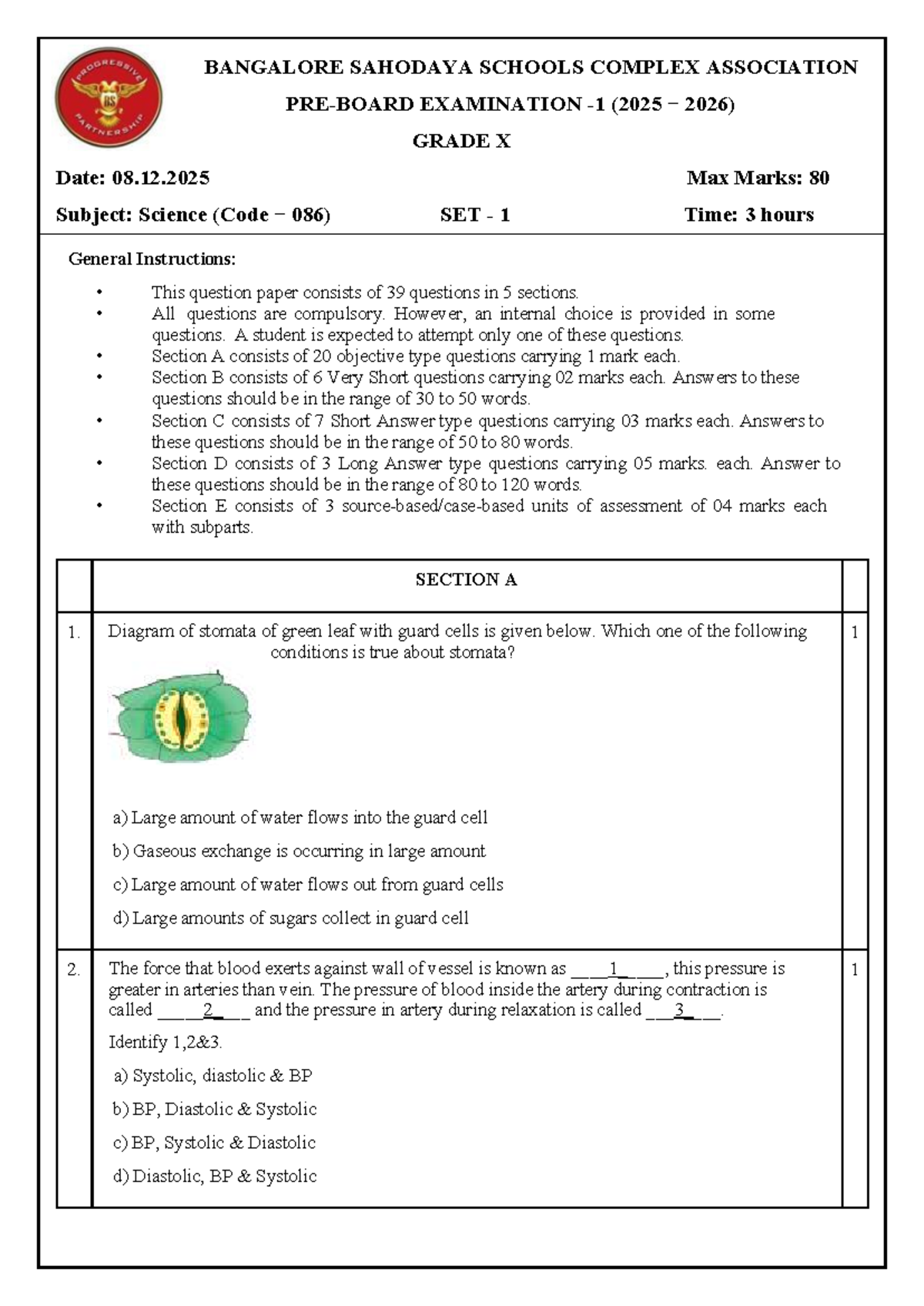 BANGALORE SAHODAYA SCHOOLS COMPLEX EXAM 2025-26 GRADE X SCIENCE SET 1 ...
