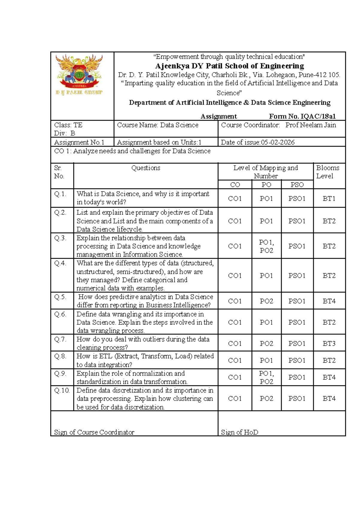 Assignment 1: Data Science (DS) - TE B Sem 2 - Ajeenkya DY Patil - Studocu