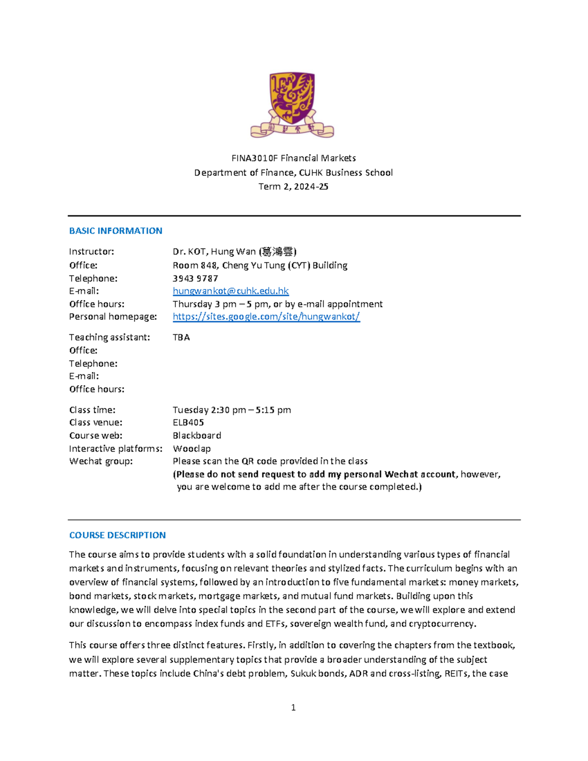 FINA3010 Course Outline: Financial Markets - Term 2, 2024 - Studocu