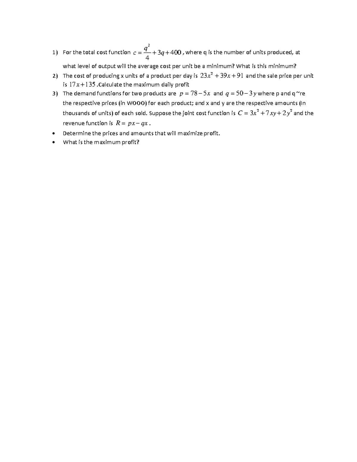 Exercise on Cost Functions and Profit Maximization in Economics - Studocu