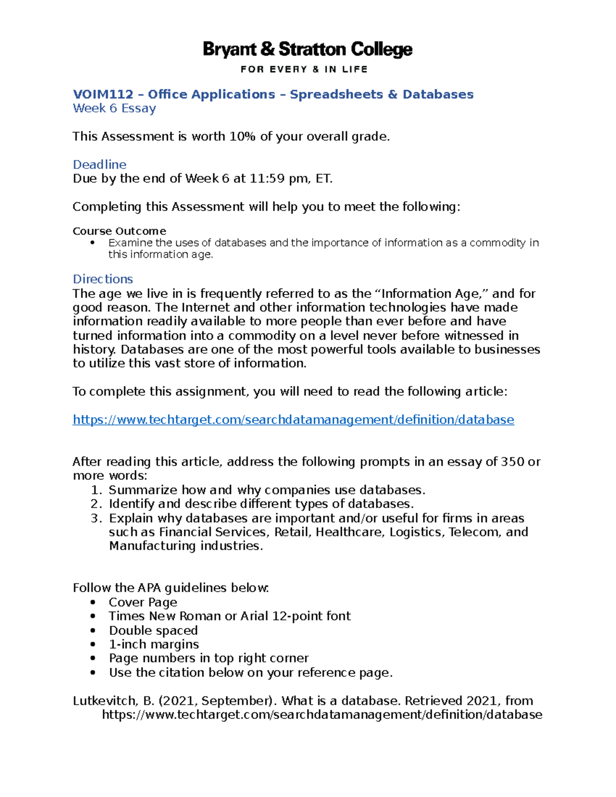VOIM112 - Week 6 Essay on Databases in the Information Age - Studocu