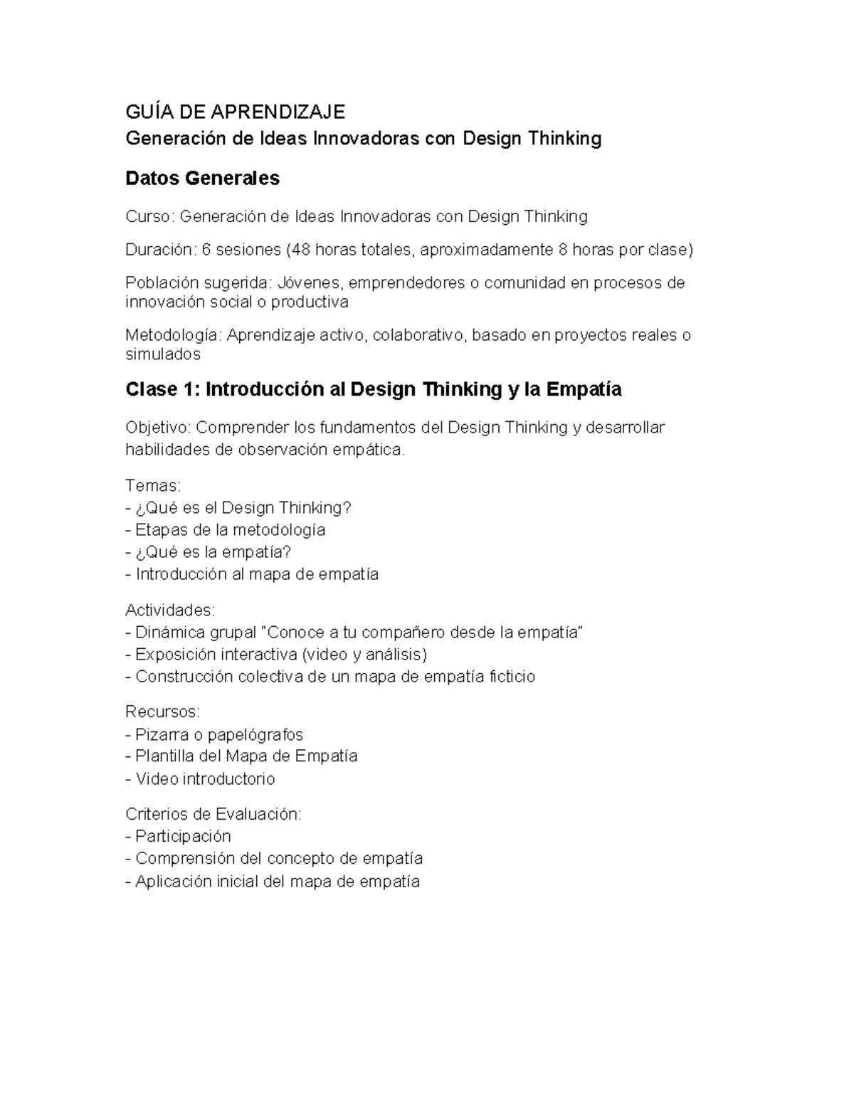 Guía de Aprendizaje: Design Thinking - 6 Clases (Curso) - Studocu