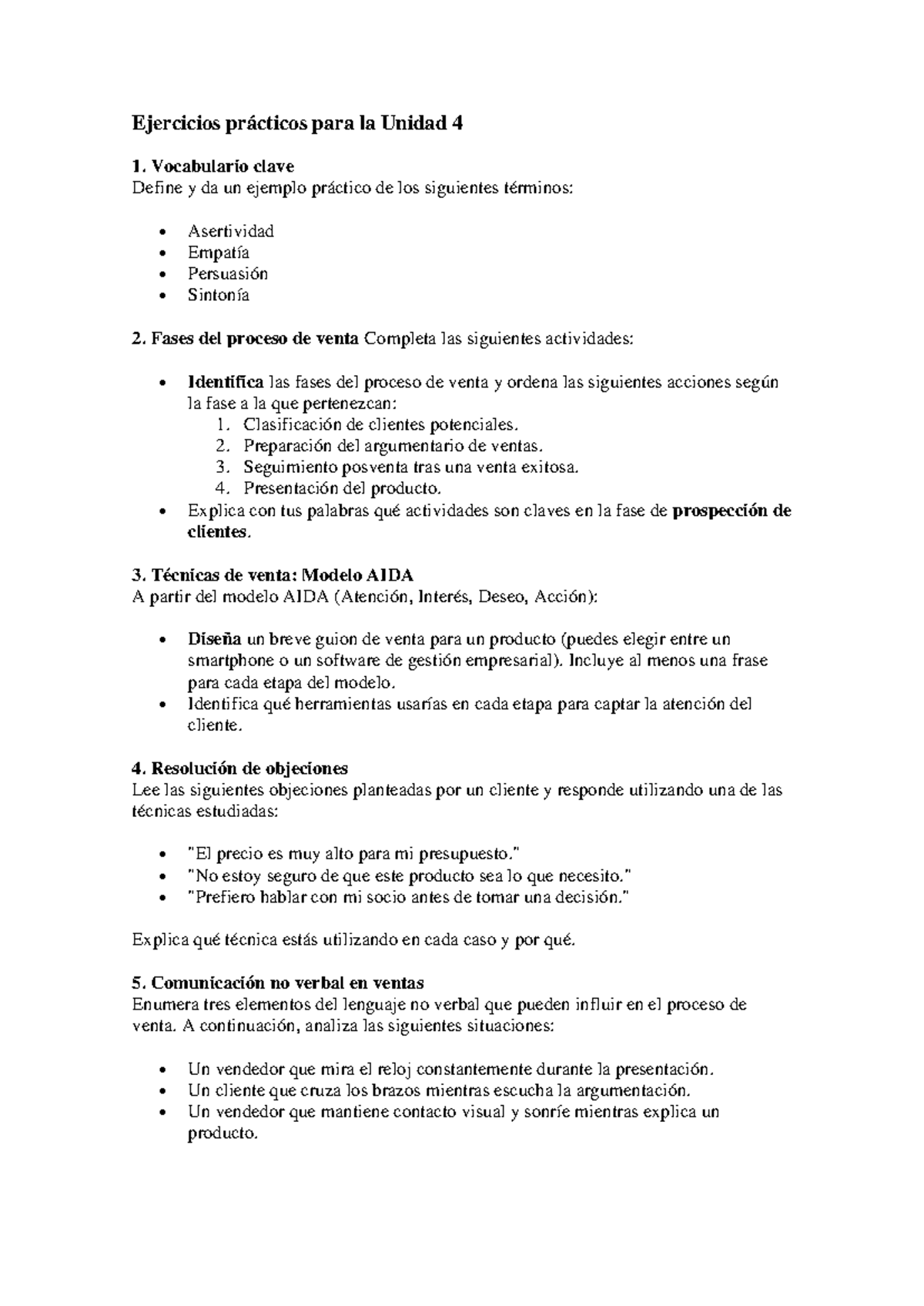 Ejercicios Prácticos de Ventas - Unidad 4: Técnicas y Estrategias - Studocu