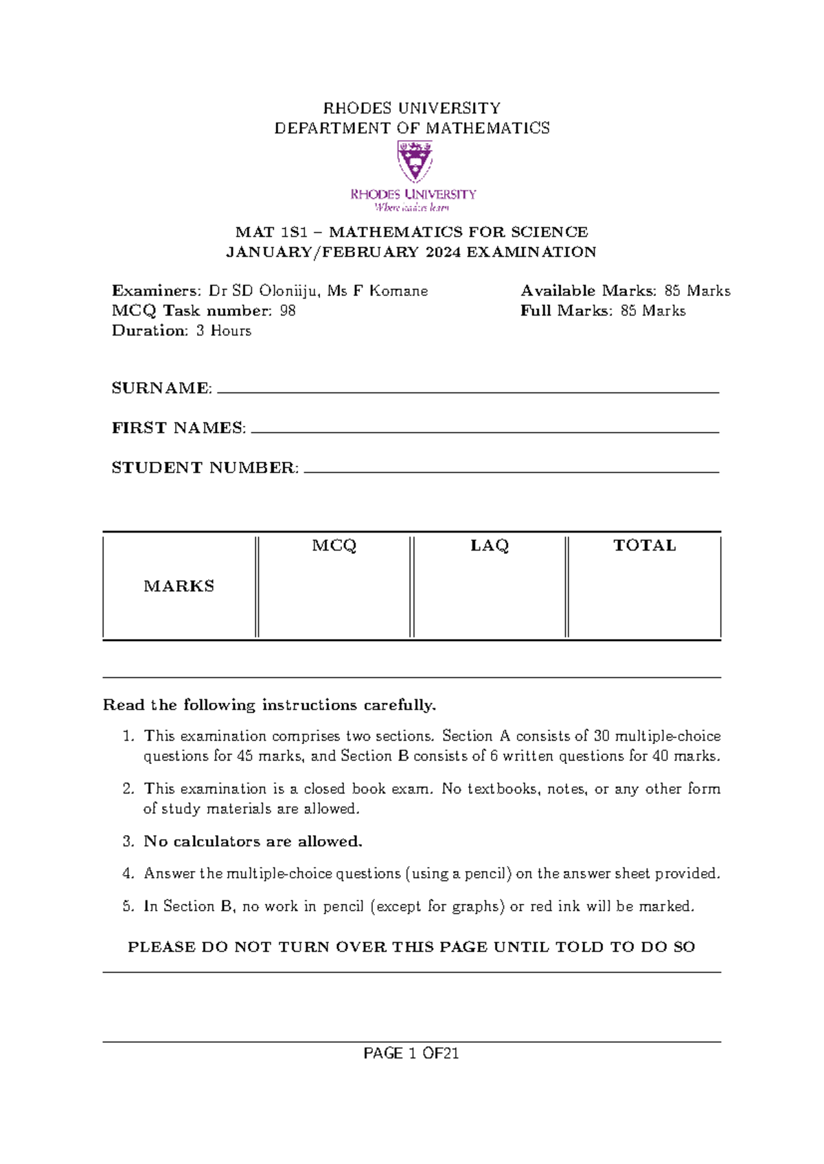 MAT 1S1 2024 Mathematics for Science Final Exam Instructions and ...