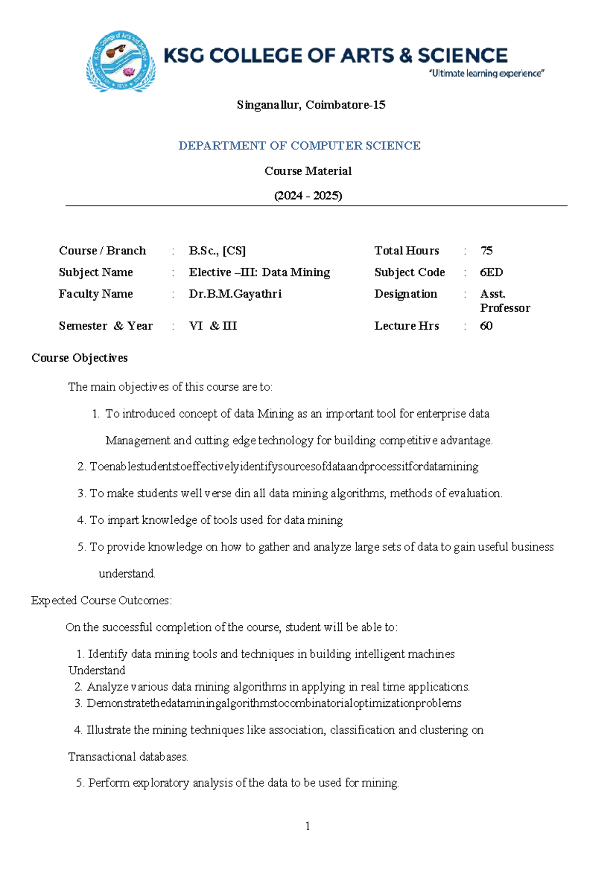 B.Sc. CS 6ED - Data Mining Syllabus & Course Material (2024-2025) - Studocu