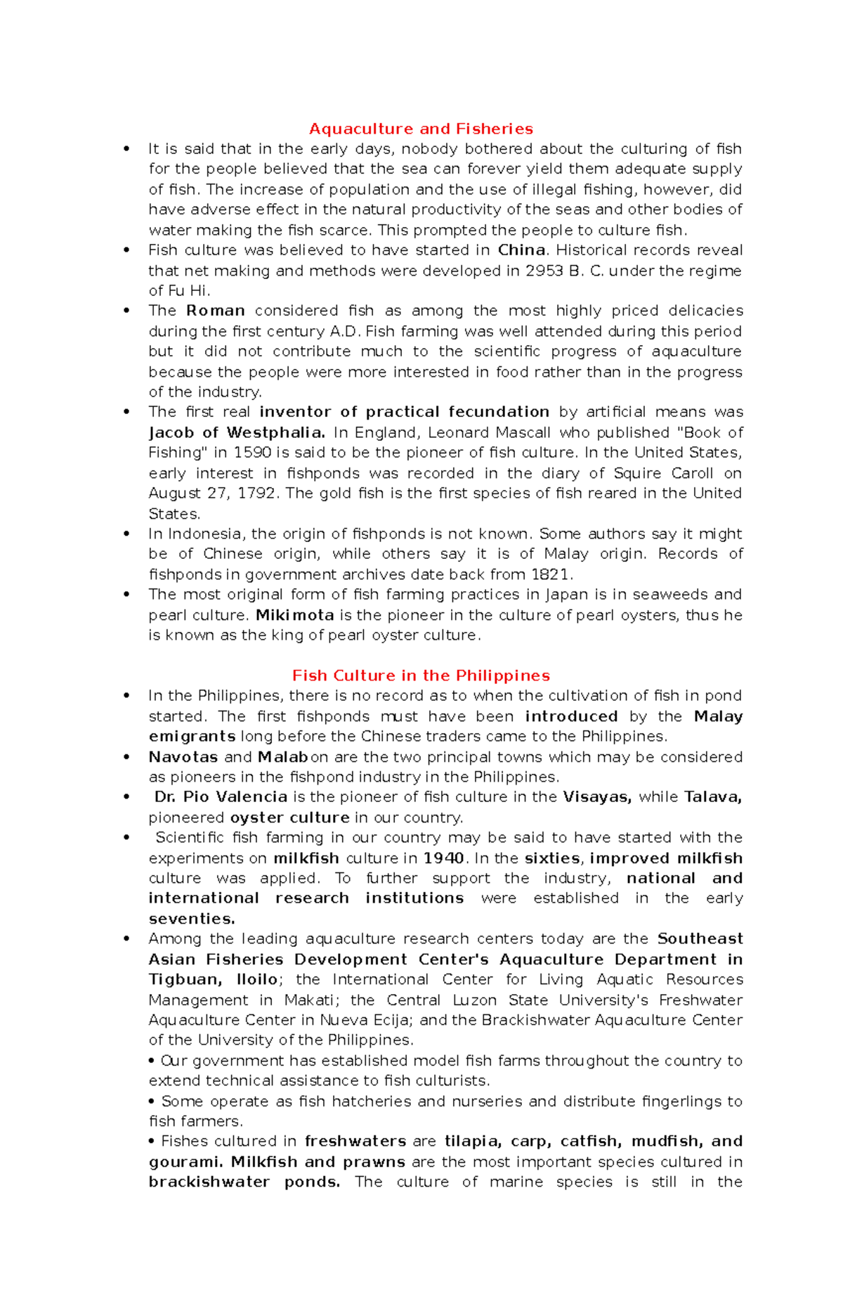 Aquaculture and Fisheries: Historical Overview and Practices - Studocu