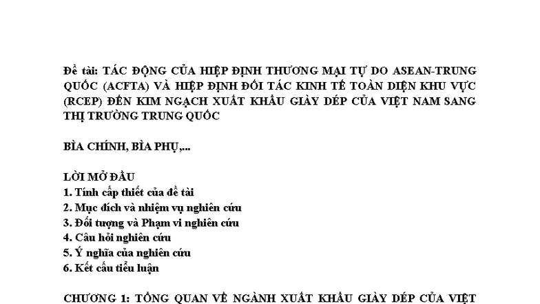 Tác Động Của ACFTA & RCEP Đến Xuất Khẩu Giày Dép VN Sang TQ - Studocu