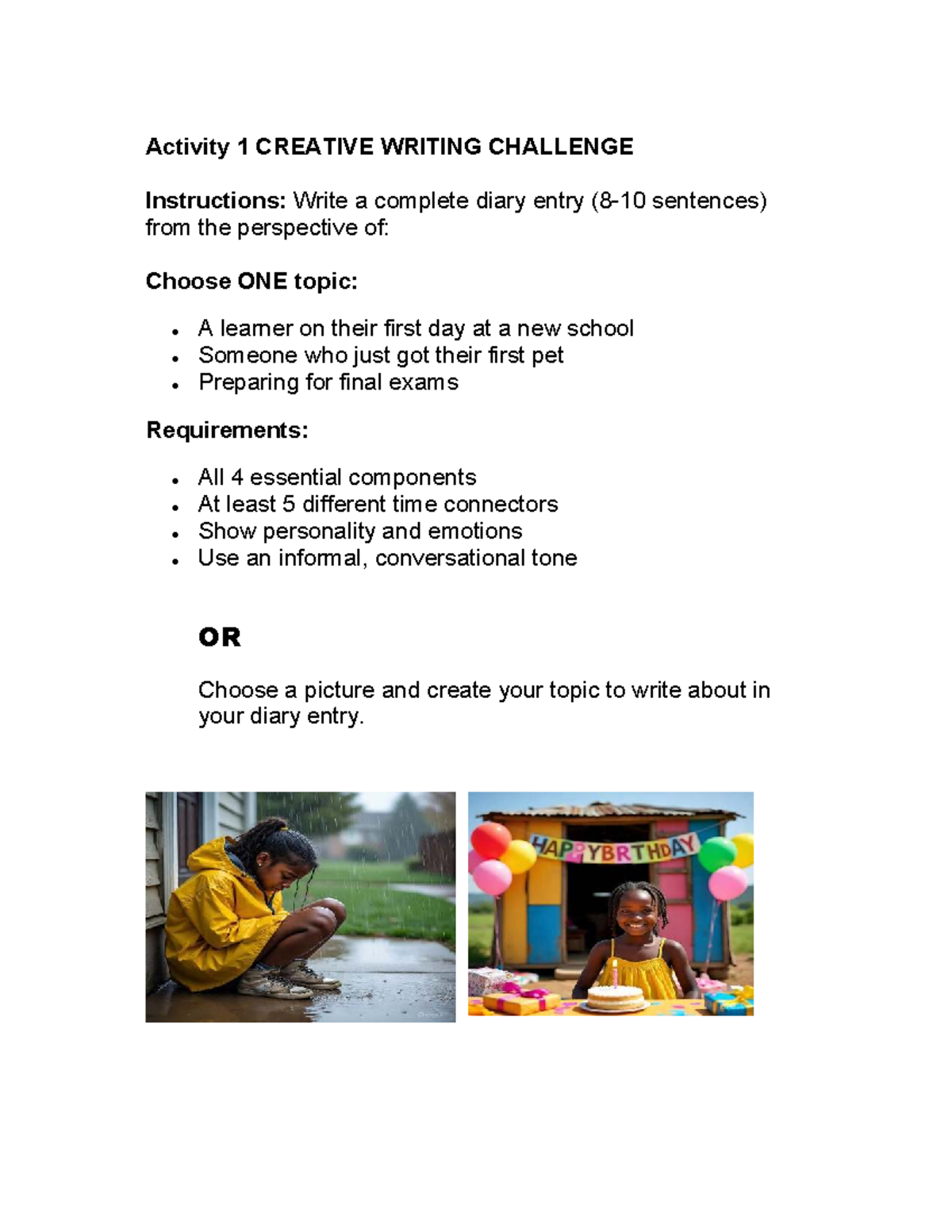 Creative Writing Challenge: Diary Entry Activity - Studocu