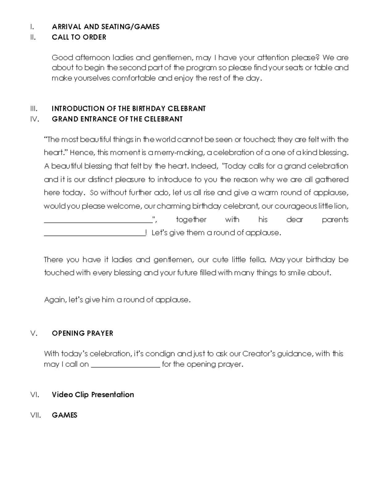 Emcee script - I. ARRIVAL AND SEATING/GAMES II. CALL TO ORDER Good ...