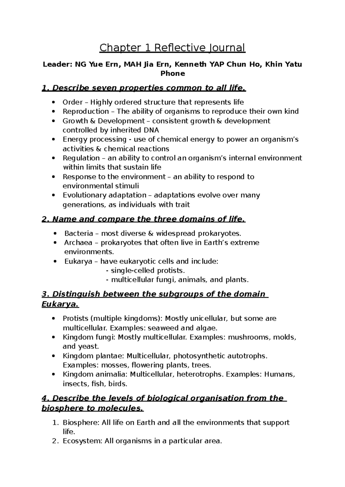 Biology 101: Chapter 1 Reflective Journal on Life Properties and ...