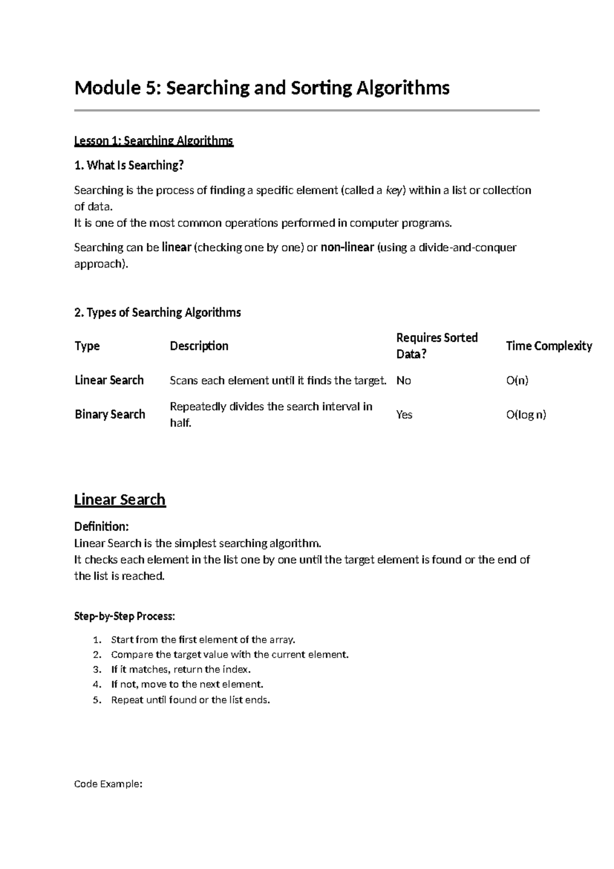 Module 5: Searching & Sorting Algorithms Lesson Notes - Studocu