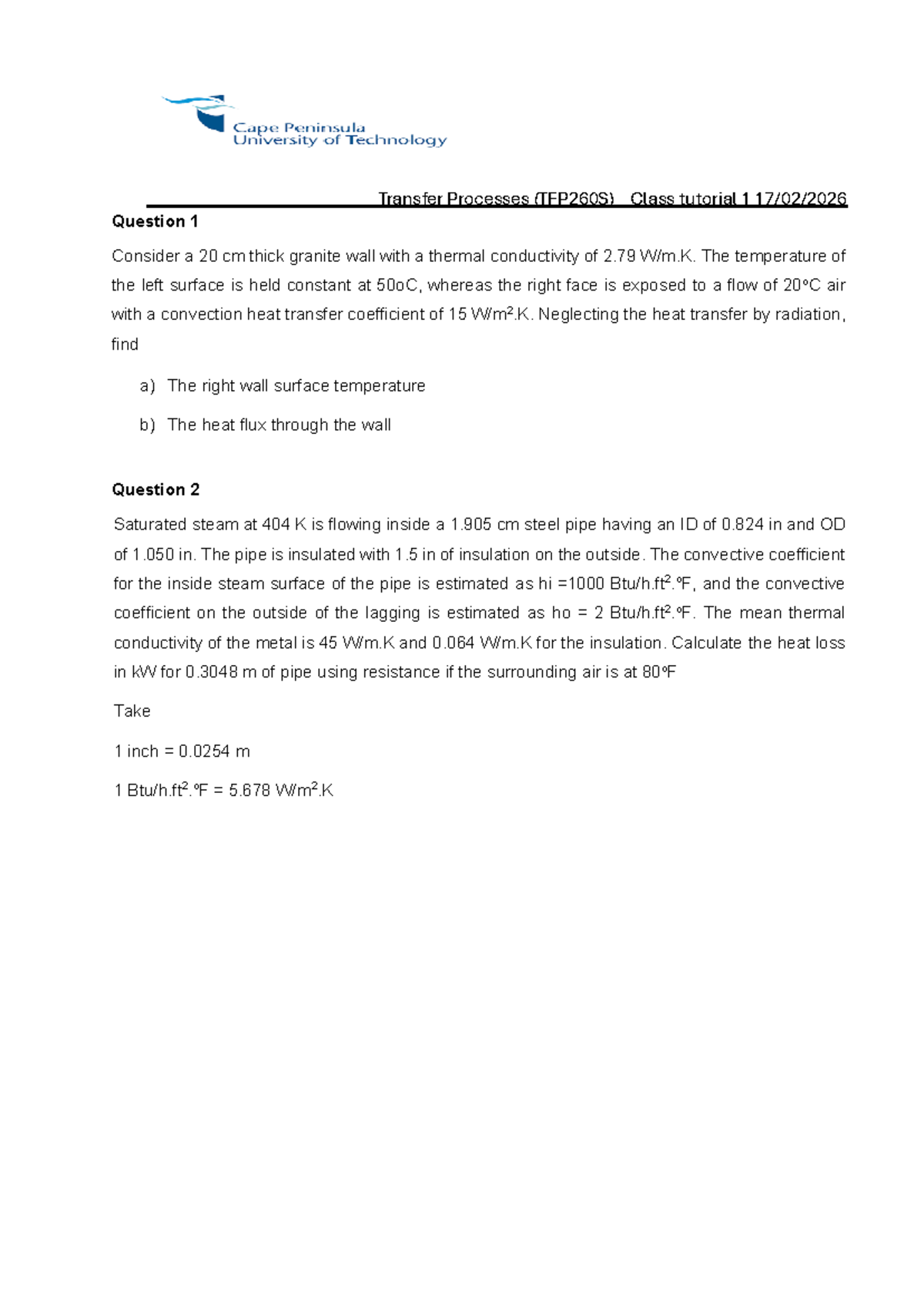 TFP260S Class Tutorial 1: Heat Transfer Calculations - Studocu