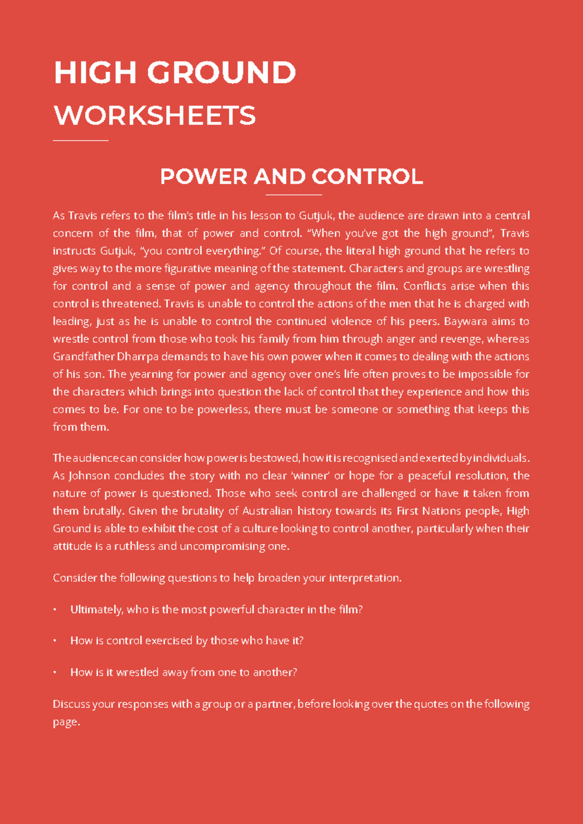 High Ground - Worksheets - HIGH GROUND WORKSHEETS POWER AND CONTROL As ...