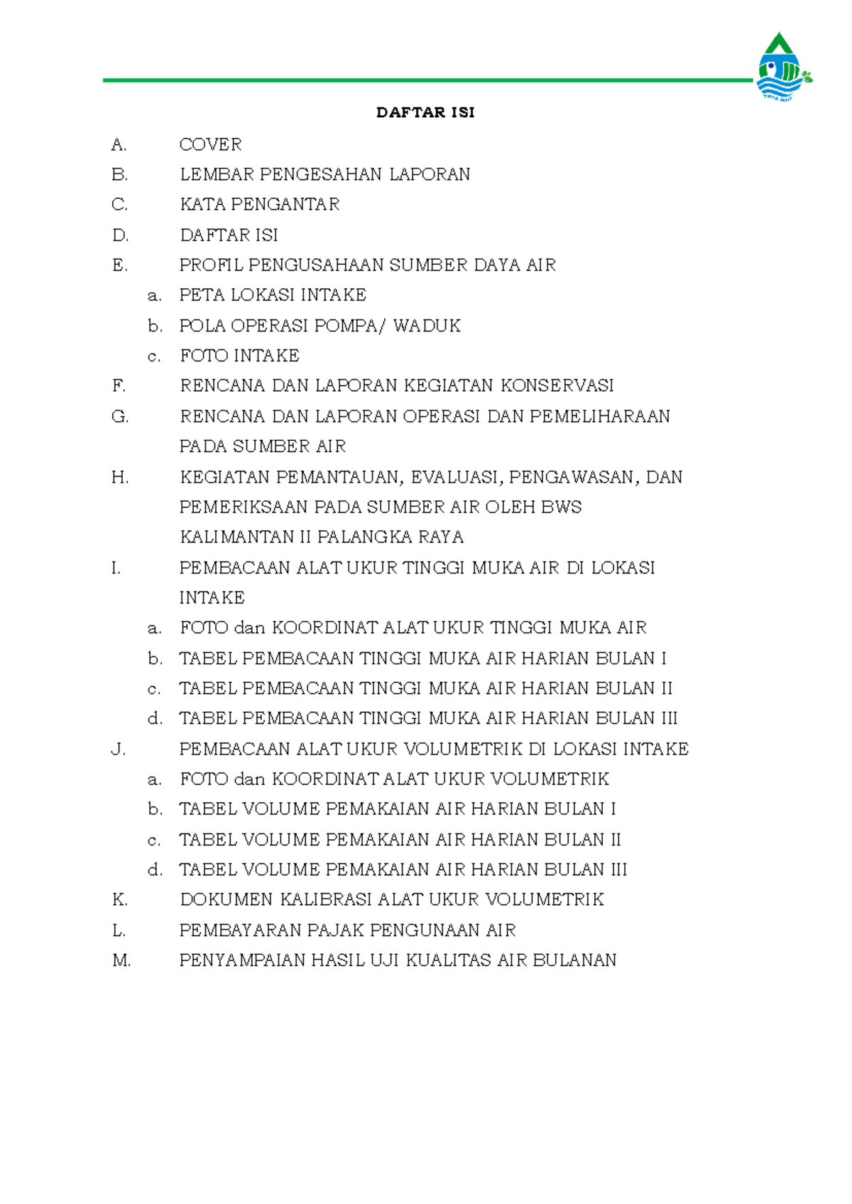 Daftar Isi Laporan Kegiatan Sumber Daya Air - 4 DAFTAR ISI - Studocu
